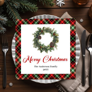 Serviette En Papier Couronne de Noël aquarelle ensemble carreaux rouge