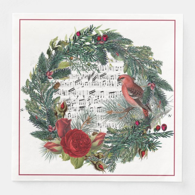 Serviette En Papier Couronne de Noël avec Roses et Grosebeak (Devant)