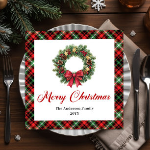 Serviette En Papier Couronne de Noël festive en carreau rouge et vert