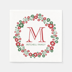 Serviette En Papier Couronne de Noël florale scandinave Monogramme