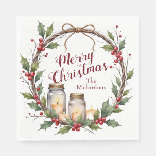 Serviette En Papier Couronne de Noël rustique avec houx