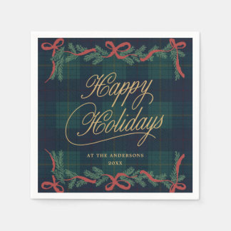 Serviette En Papier Couronne de Noël Tartan Plaid Cocktail de Fêtes