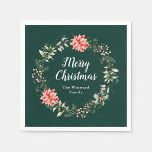 Serviette En Papier Couronne de poinsettias rouges Joyeux Noël