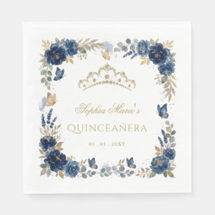 Serviette En Papier Couronne de Quinceañera Papillon Floral Navy Or