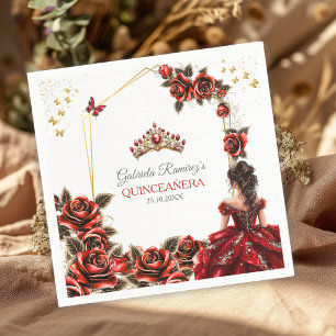 Serviette En Papier Couronne de roses rouges dorées Quinceañera