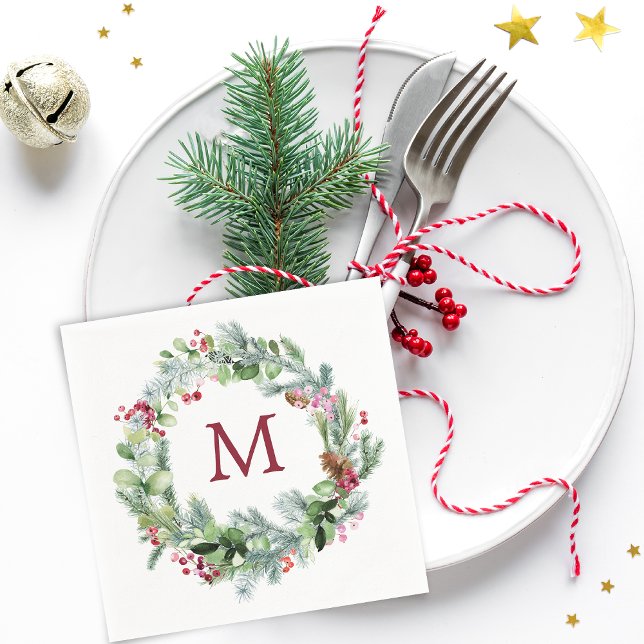 Serviette En Papier Couronne de verdure d'hiver Monogramme Papier (Winter Greenery Wreath Monogram Paper Napkins)