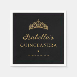 Serviette En Papier Couronne élégante noire et or Quinceañera