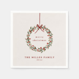 Serviette En Papier Couronne feuillage de Noël avec arc rouge