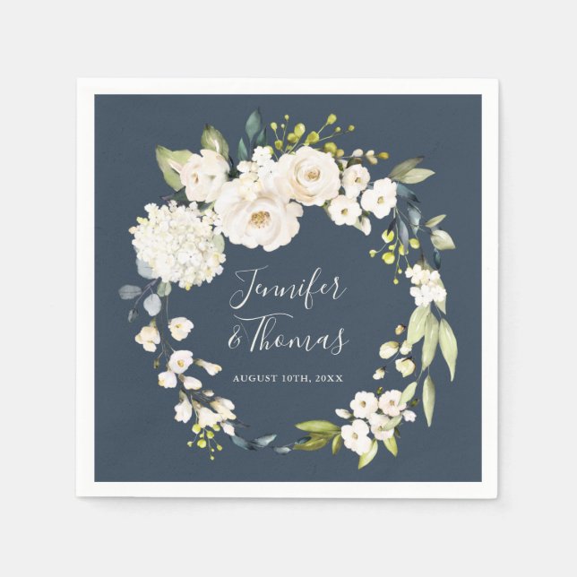 Serviette En Papier Couronne florale d'aquarelle blanche sur le Mariag (Devant)