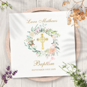 Serviette En Papier Couronne florale de roses dorées croix baptême bap