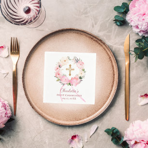 Serviette En Papier Couronne florale rose pour la Première Communion