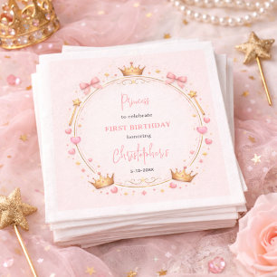 Serviette En Papier Couronne Princesse en Or Rose Conte de Fées 1er An