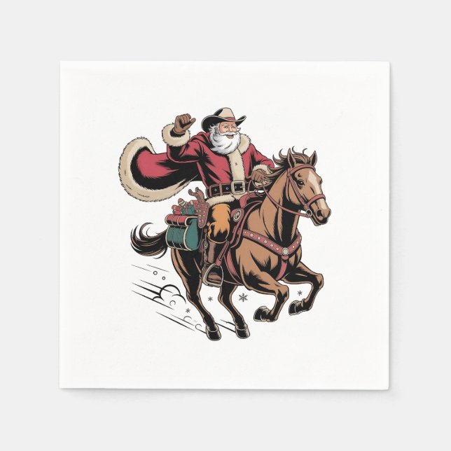 Serviette En Papier Cowboy Père Noël Monter Un Cheval Noël (Devant)