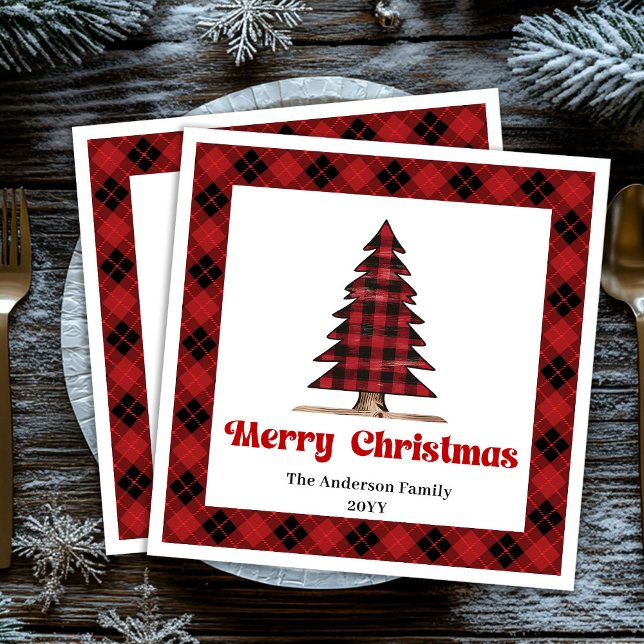 Serviette En Papier Cozy Buffalo Tree Christmas Napkin Custom Name (Cozy Buffalo Tree Christmas Napkin Custom Name)