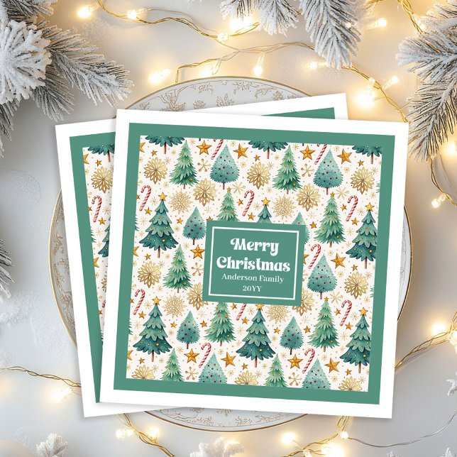 Serviette En Papier Cozy Christmas Trees Rustic Red Green Gold Napkins (Cozy Christmas Trees Rustic Red Green Gold Napkins)