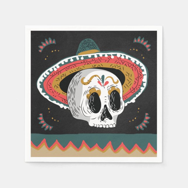 Serviette En Papier Crâne à sucre avec Sombrero (Devant)