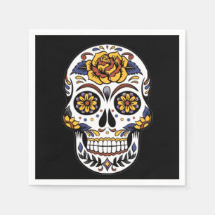 Serviette En Papier Crâne à sucre rose jaune sur noir