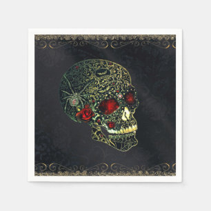 Serviette En Papier Crâne d'araignée orné de bijoux et roses, fête gla