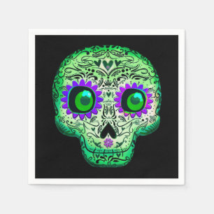 Serviette En Papier Crâne de sucre noir illuminé vert et violet Hallow