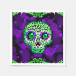Serviette En Papier Crâne en Sucre Vert & Violet Lumineux Soirée Hallo