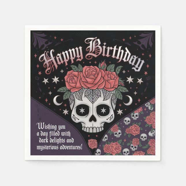 Serviette En Papier Crâne gothique et carte d'anniversaire Rose (Devant)