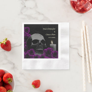 Serviette En Papier Crâne gothique et Rose violet Mariage Halloween