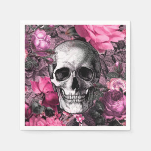 Serviette En Papier Crâne gothique floral rose