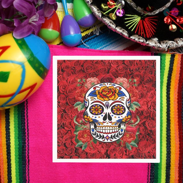 Serviette En Papier Crâne sucre rose Roses rouges Vacances Papier (Sugar Skull Pink Red Roses Holidays Paper Napkins)