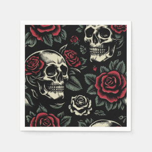 Serviette En Papier Crânes et roses rouges florale gothique