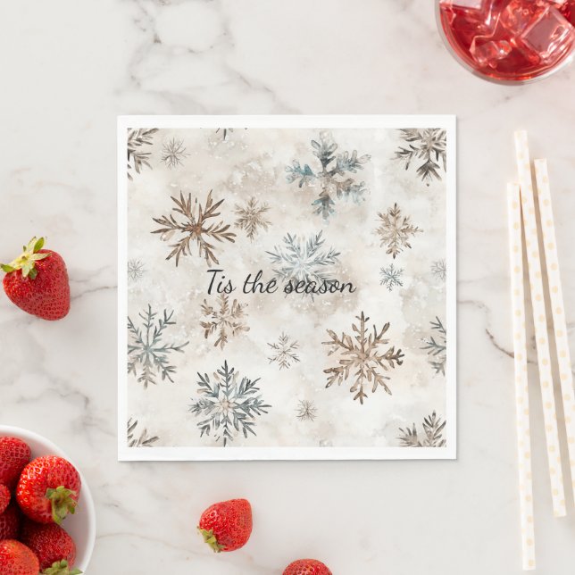 Serviette En Papier Cream Blue Brown Snowflakes Christmas (En situation)