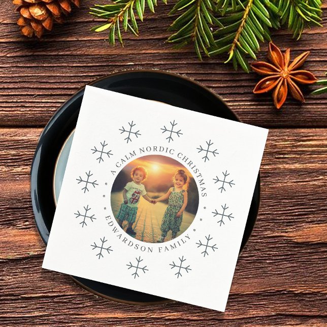 Serviette En Papier Create your own nordic family photo christmas (Create your own family photo Nordic christmas napkins.)