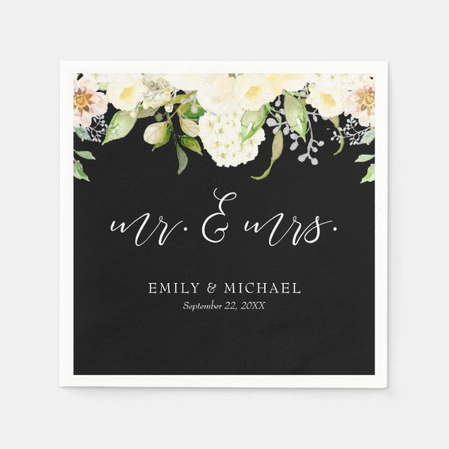 Serviette En Papier Crème d'ivoire romantique Floral Mariage noir (Devant)