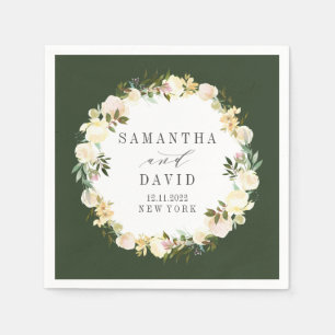 Serviette En Papier Crème et chasseur Vert Mariage floral personnalisé