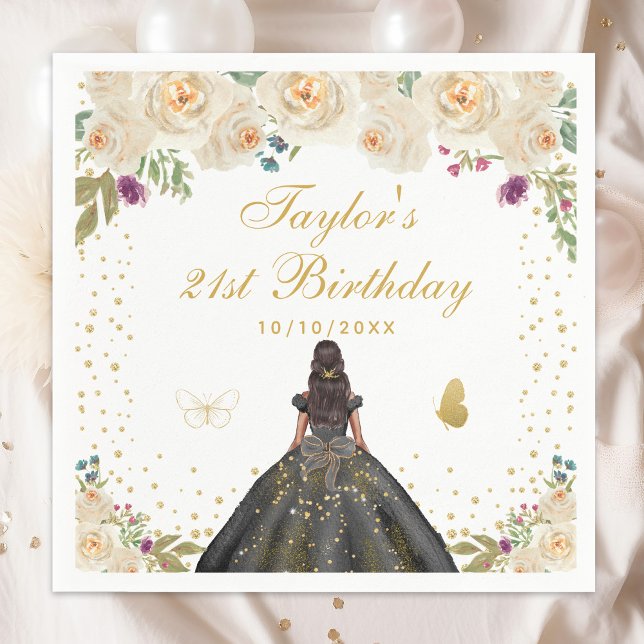 Serviette En Papier Crème Floral Peau foncée Fille Anniversaire (Créateur téléchargé)