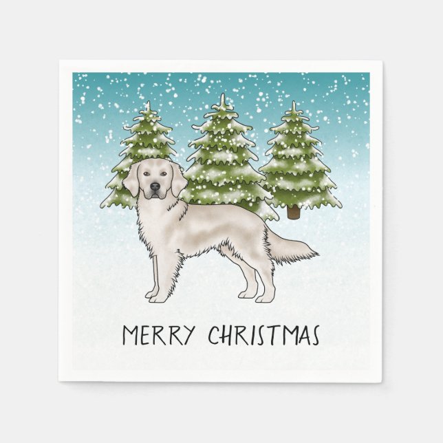 Serviette En Papier Crème Golden Retriever Bleu hiver Noël (Devant)