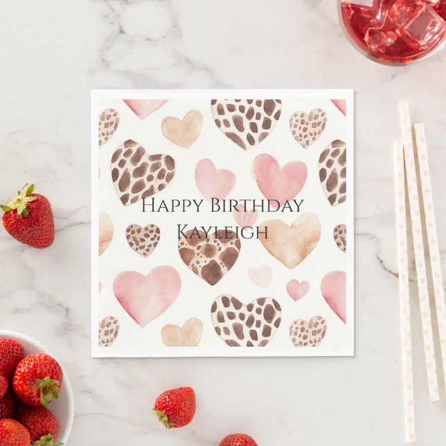 Serviette En Papier Crème rose Coeurs léopard Brown Anniversaire (En situation)