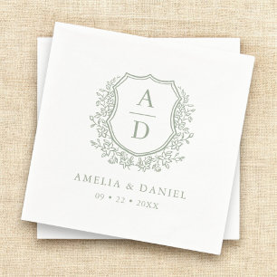 Serviette En Papier Crest Moderne Monogramme Mariage Sage Vert