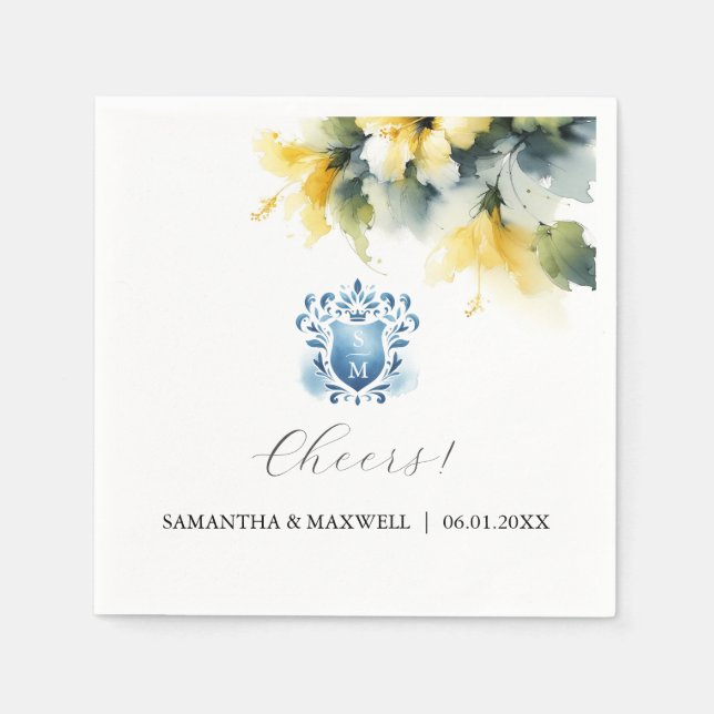 Serviette En Papier Crête florale bleue et jaune (Devant)