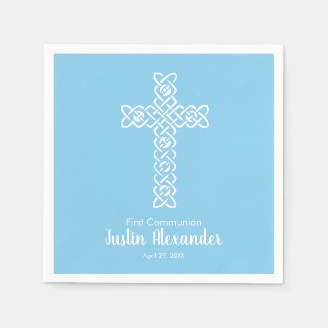 Serviette En Papier Croix | Baby Blue Communion Baptême Christening (Devant)