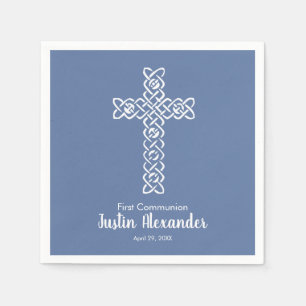 Serviette En Papier Croix   Baptême de communion gris bleu
