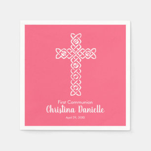 Serviette En Papier Croix blanche rose vif 1ère communion religieuse