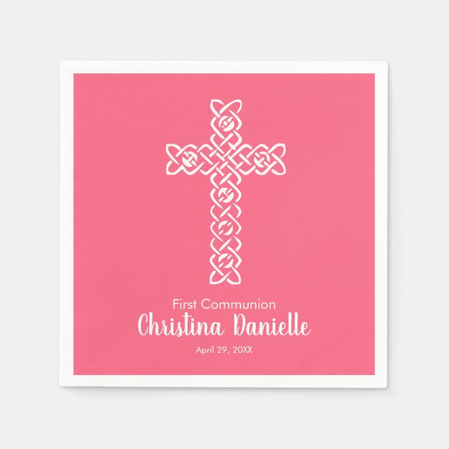 Serviette En Papier Croix blanche rose vif 1ère communion religieuse (Devant)