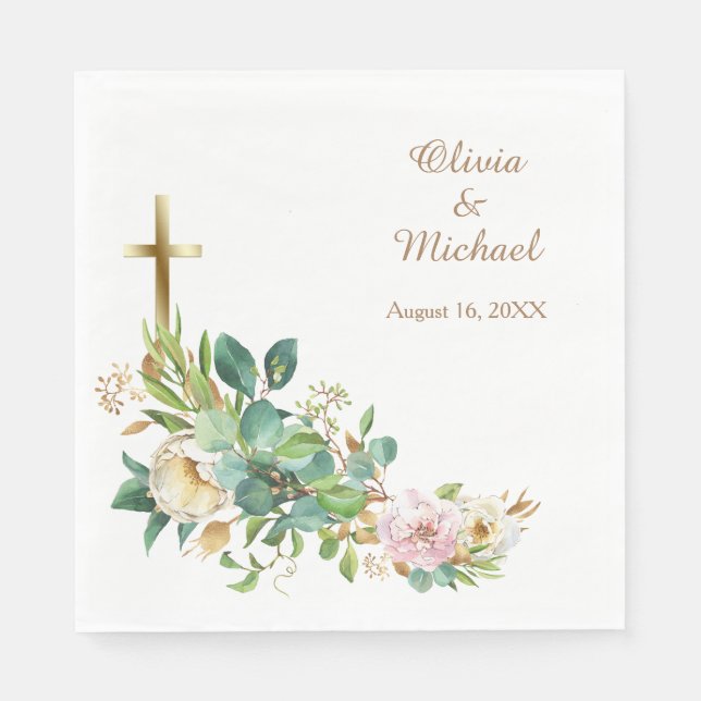 Serviette En Papier Croix chrétienne moderne Mariage floral (Devant)