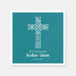 Serviette En Papier Croix Communion Turquoise foncée Baptême Christe