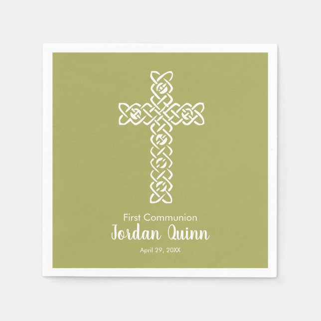 Serviette En Papier Croix | Communion Vert Jaune Baptême Christening (Devant)