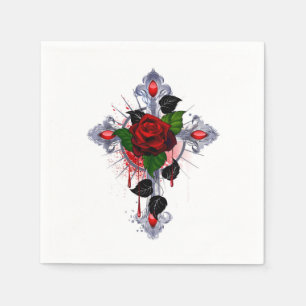 Serviette En Papier Croix d'argent avec une rose rouge