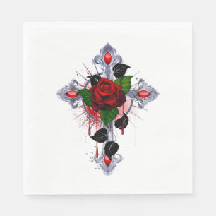 Serviette En Papier Croix d'argent avec une rose rouge