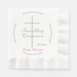 Serviette En Papier Croix d'argent Première communion sacrée Nom rose