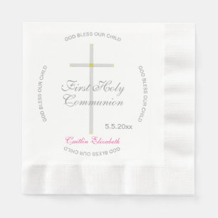 Serviette En Papier Croix d'argent Première Sainte Communion Nom Rose