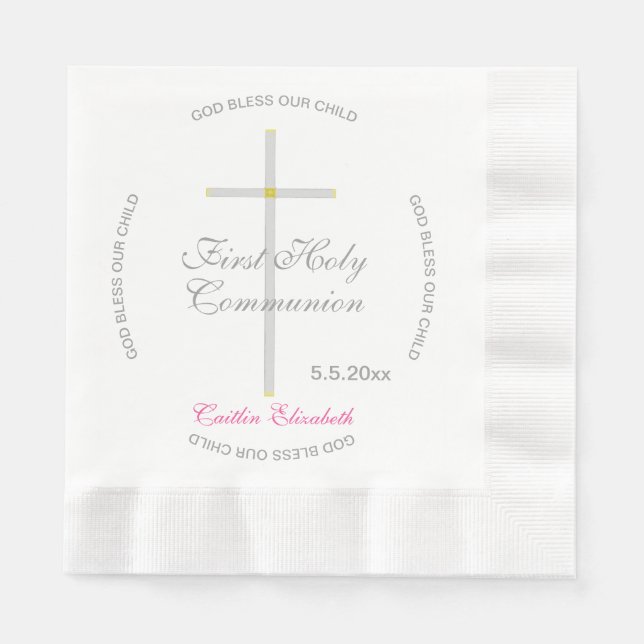 Serviette En Papier Croix d'argent Première Sainte Communion Nom Rose (Devant)